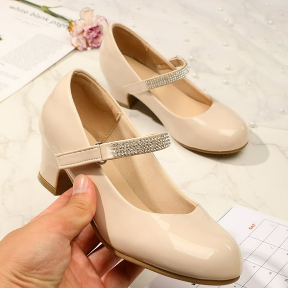 Kushyshoo Girl Mary Jane Shoes Low Heel Rhinestones Princess Flats Beige Dress Pump Shoes for Big Kid Size 4