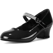 Kushyshoo Girl Mary Jane Shoes Low Heel Rhinestones Princess Flats Black Dress Pump Shoes for Big Kid Size 1
