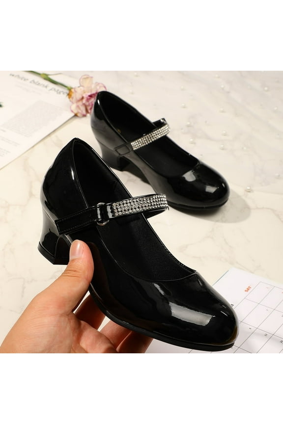 Girl Mary Jane Shoes Low Heel Rhinestones Princess Flats Black Dress Pump Shoes for Big Kid Size 3