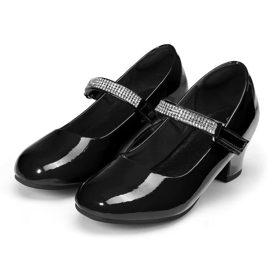 Kushyshoo Girl Mary Jane Shoes Low Heel Rhinestones Princess Flats Black Dress Pump Shoes for Big Kid Size 5