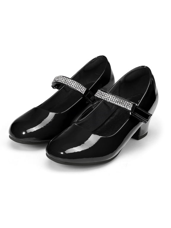 Girl Mary Jane Shoes Low Heel Rhinestones Princess Flats Black Dress Pump Shoes for Big Kid Size 5