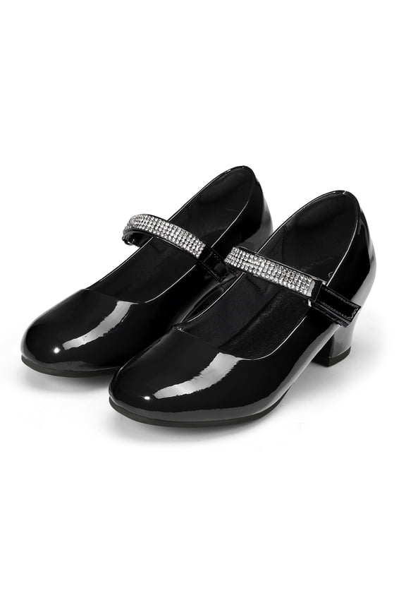 Girl Mary Jane Shoes Low Heel Rhinestones Princess Flats Black Dress Pump Shoes for Big Kid Size 6