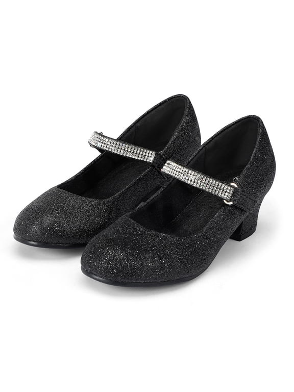 Girl Mary Jane Shoes Low Heel Rhinestones Princess Flats Glitter Black Dress Pump Shoes for Big Kid Size 2
