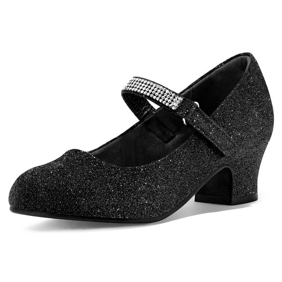 Kushyshoo Girl Mary Jane Shoes Low Heel Rhinestones Princess Flats Glitter Black Dress Pump Shoes for Big Kid Size 3