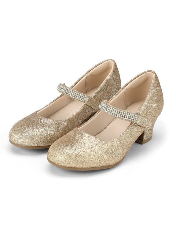 Girl Mary Jane Shoes Low Heel Rhinestones Princess Flats Gold Dress Pump Shoes for Big Kid Size 1