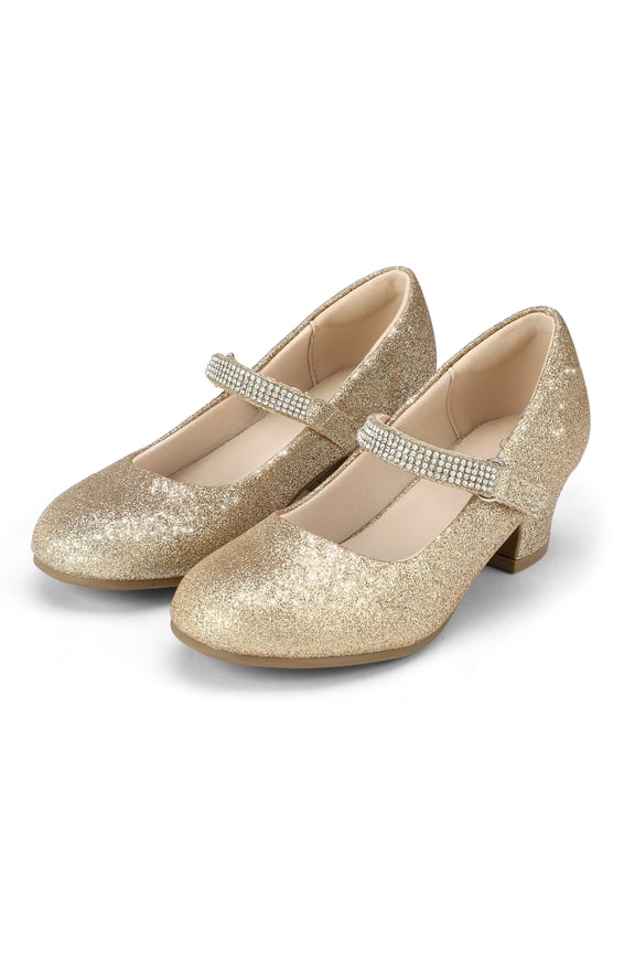 Girl Mary Jane Shoes Low Heel Rhinestones Princess Flats Gold Dress Pump Shoes for Big Kid Size 1