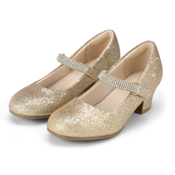 Kushyshoo Girl Mary Jane Shoes Low Heel Rhinestones Princess Flats Gold Dress Pump Shoes for Big Kid Size 2