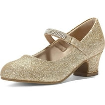 Kushyshoo Girl Mary Jane Shoes Low Heel Rhinestones Princess Flats Gold Dress Pump Shoes for Big Kid Size 4