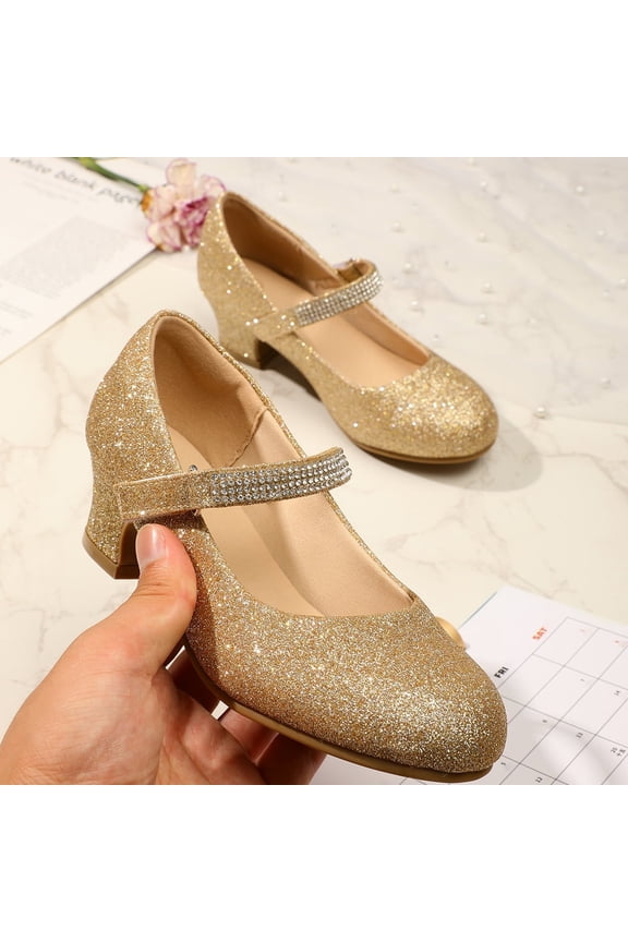 Girl Mary Jane Shoes Low Heel Rhinestones Princess Flats Gold Dress Pump Shoes for Big Kid Size 6
