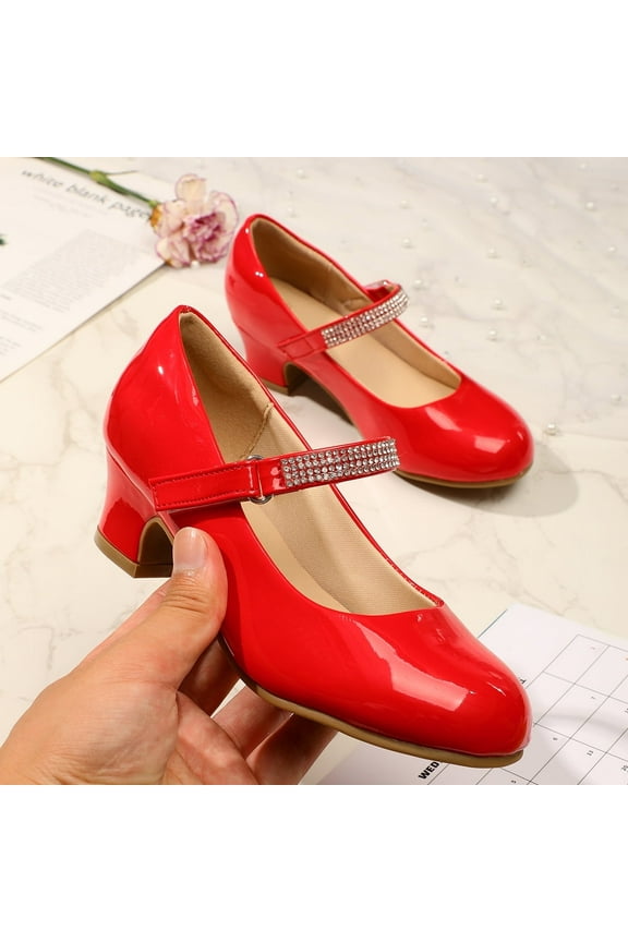 Girl Mary Jane Shoes Low Heel Rhinestones Princess Flats Red Dress Pump Shoes for Big Kid Size 1