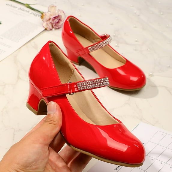 Kushyshoo Girl Mary Jane Shoes Low Heel Rhinestones Princess Flats Red Dress Pump Shoes for Big Kid Size 4
