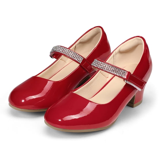Kushyshoo Girl Mary Jane Shoes Low Heel Rhinestones Princess Flats Red Dress Pump Shoes for Big Kid Size 4