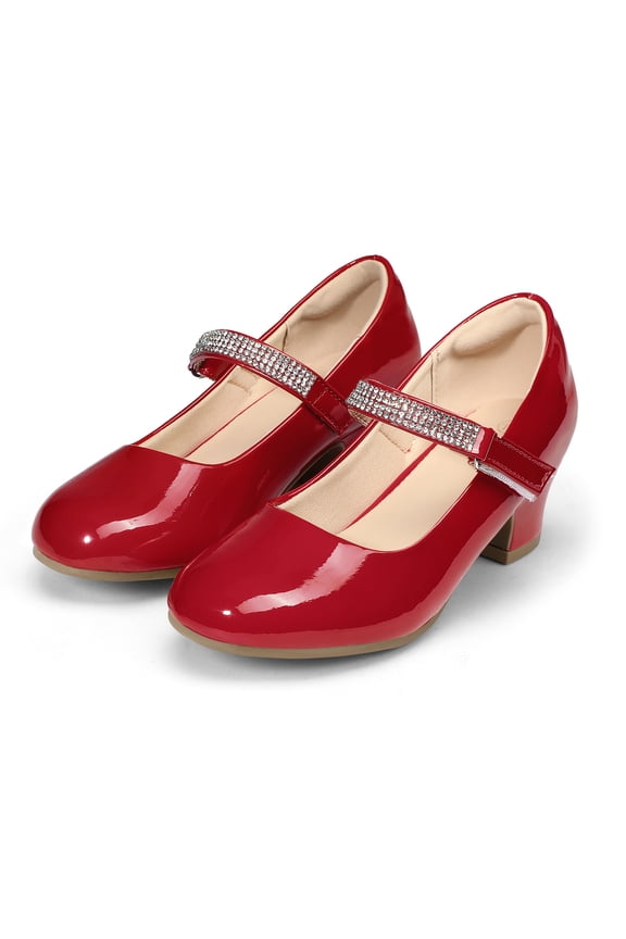Girl Mary Jane Shoes Low Heel Rhinestones Princess Flats Red Dress Pump Shoes for Little Kid Size 13
