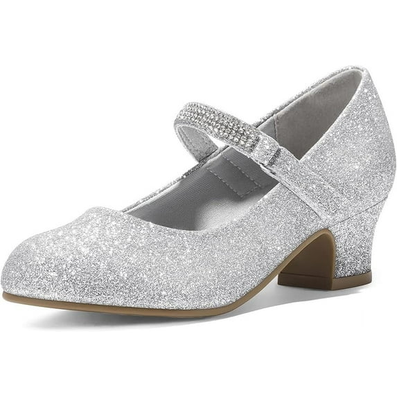 Kushyshoo Girl Mary Jane Shoes Low Heel Rhinestones Princess Flats Silver Dress Pump Shoes for Big Kid Size 1