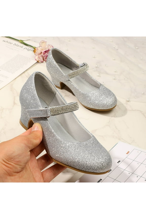 Girl Mary Jane Shoes Low Heel Rhinestones Princess Flats Silver Dress Pump Shoes for Big Kid Size 2