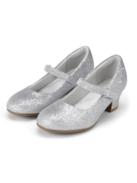 Girl Mary Jane Shoes Low Heel Rhinestones Princess Flats Silver Dress Pump Shoes for Big Kid Size 3