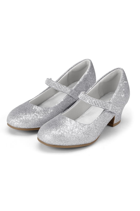 Girl Mary Jane Shoes Low Heel Rhinestones Princess Flats Silver Dress Pump Shoes for Big Kid Size 3