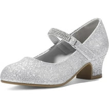Kushyshoo Girl Mary Jane Shoes Low Heel Rhinestones Princess Flats Silver Dress Pump Shoes for Big Kid Size 3