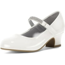 Kushyshoo Girl Mary Jane Shoes Low Heel Rhinestones Princess Flats White Dress Pump Shoes for Big Kid Size 3