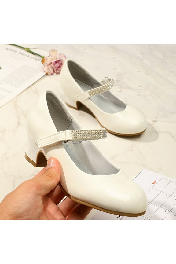 Girl Mary Jane Shoes Low Heel Rhinestones Princess Flats White Dress Pump Shoes for Big Kid Size 3