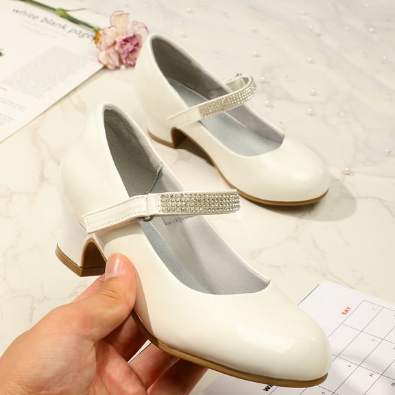 Kushyshoo Girl Mary Jane Shoes Low Heel Rhinestones Princess Flats White Dress Pump Shoes for Big Kid Size 3