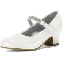 Kushyshoo Girl Mary Jane Shoes Low Heel Rhinestones Princess Flats White Dress Pump Shoes for Big Kid Size 4
