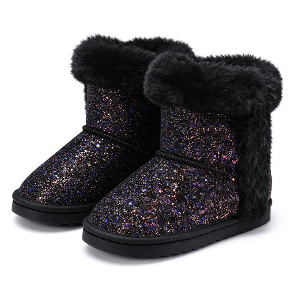 Kushyshoo Black Girls Snow Boots Warm Faux Fur Lined Glitter Strap Winter Shoes Lightweight with Hook-and-loop Size 4 M