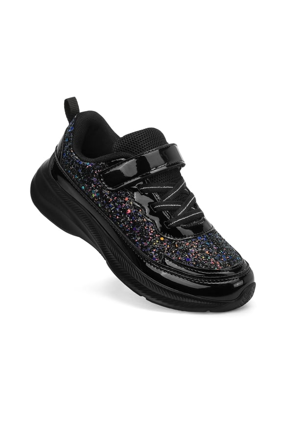 Girls Black Glitter Sneakers Lightweight Kids Sparkle Sport Shoes with Hook and Loop for Toddler Size 2