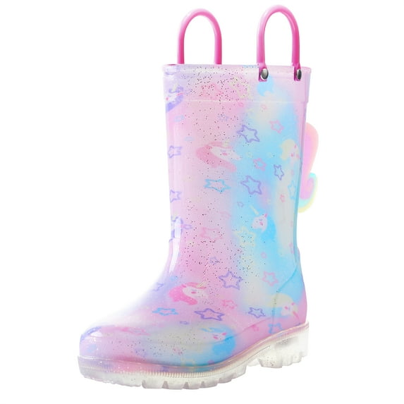 Kushyshoo Girls Light Up Rain Boots Colorful 3D Unicorn Rain Boots for Toddler with Handles 7M