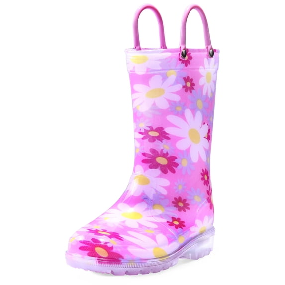 Kushyshoo Girls Light Up Rain Boots Colorful Pink Flowers Rain Boots for Big Kids with Handles 2M