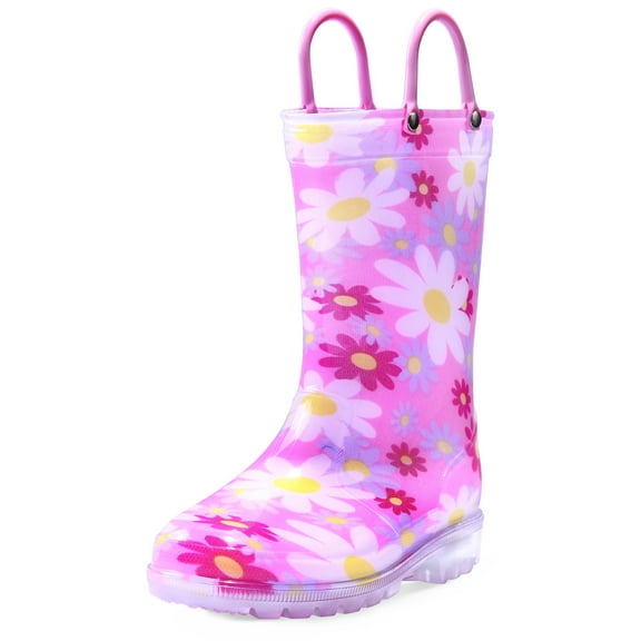 Kushyshoo Girls Light Up Rain Boots Colorful Pink Flowers Rain Boots for Big Kids with Handles 2M