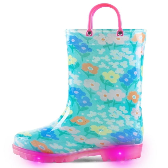 Kushyshoo Girls Light Up Rain Boots Garden Flowers Rain Boots for Toddler with Handles 6M