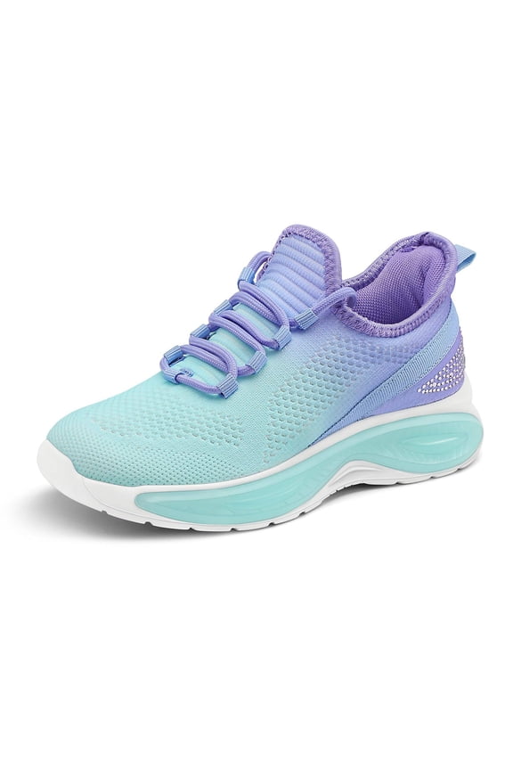 Girls Lightweight Sneakers Kids Breathable Lace-up Athletic Running Shoes Big Kids Walking Shoes Rainbow Blue Size 1