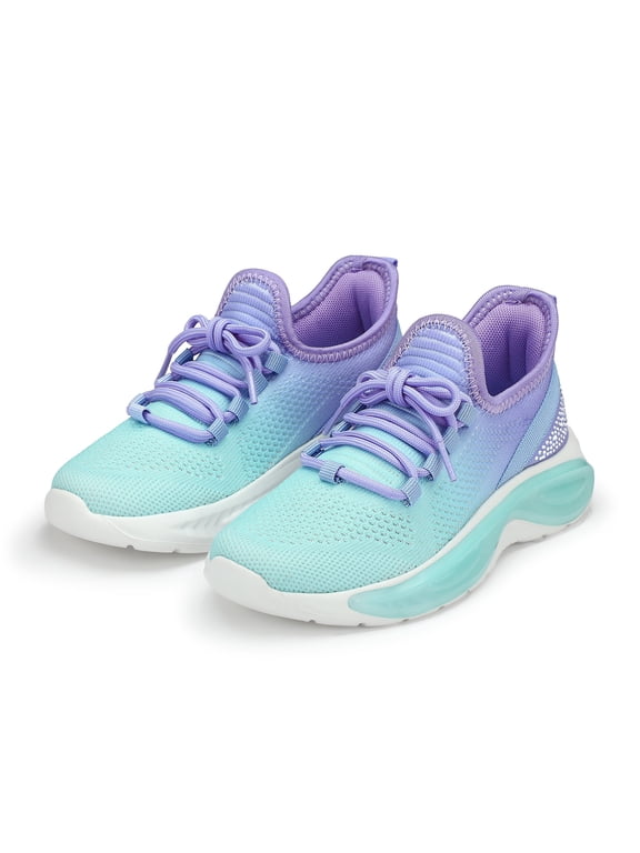 Girls Lightweight Sneakers Kids Breathable Lace-up Athletic Running Shoes Big Kids Walking Shoes Rainbow Blue Size 3