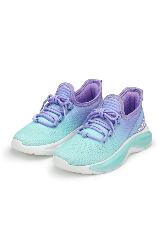 Girls Lightweight Sneakers Kids Breathable Lace-up Athletic Running Shoes Big Kids Walking Shoes Rainbow Blue Size 3