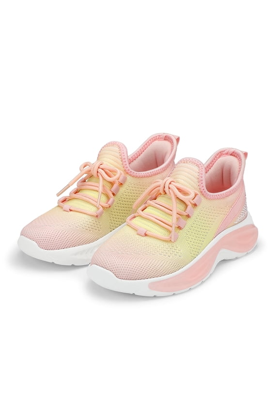 Girls Lightweight Sneakers Kids Breathable Lace-up Athletic Running Shoes Big Kids Walking Shoes Rainbow Pink Size 1