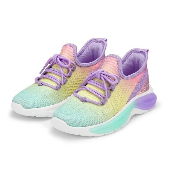 Kushyshoo Girls Lightweight Sneakers Kids Breathable Lace-up Athletic Running Shoes Big Kids Walking Shoes Rainbow Purple Size 1