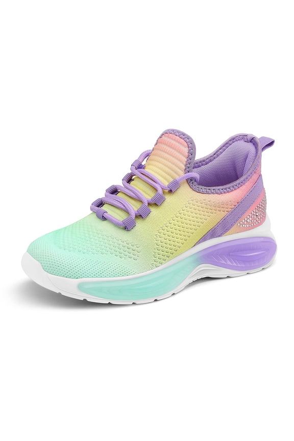 Girls Lightweight Sneakers Kids Breathable Lace-up Athletic Running Shoes Big Kids Walking Shoes Rainbow Purple Size 1