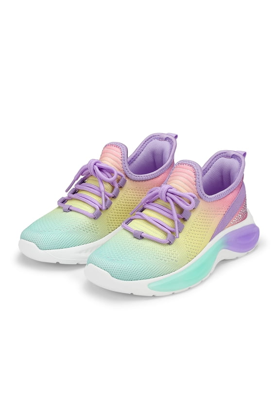 Girls Lightweight Sneakers Kids Breathable Lace-up Athletic Running Shoes Big Kids Walking Shoes Rainbow Purple Size 5