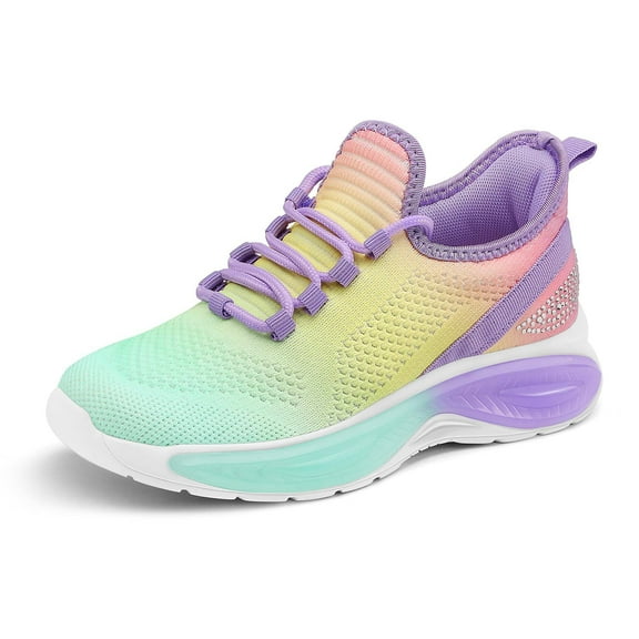 Kushyshoo Girls Lightweight Sneakers Kids Breathable Lace-up Athletic Running Shoes Big Kids Walking Shoes Rainbow Purple Size 5
