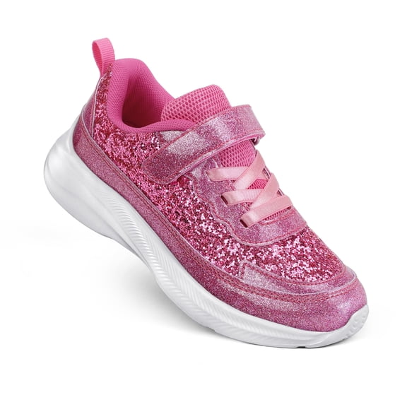Kushyshoo Girls Pink Glitter Sneakers Lightweight Kids Sparkle Sport Shoes with Hook and Loop for Toddler Size 3