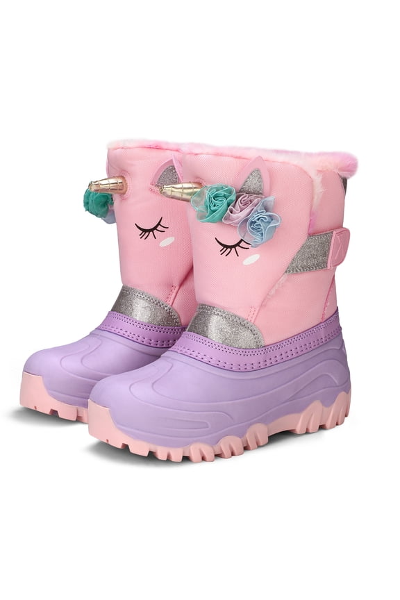 Girls Snow Boots with Faux Fur Lining Pink Unicorn Warm Winter Shoes for Kids Size 11