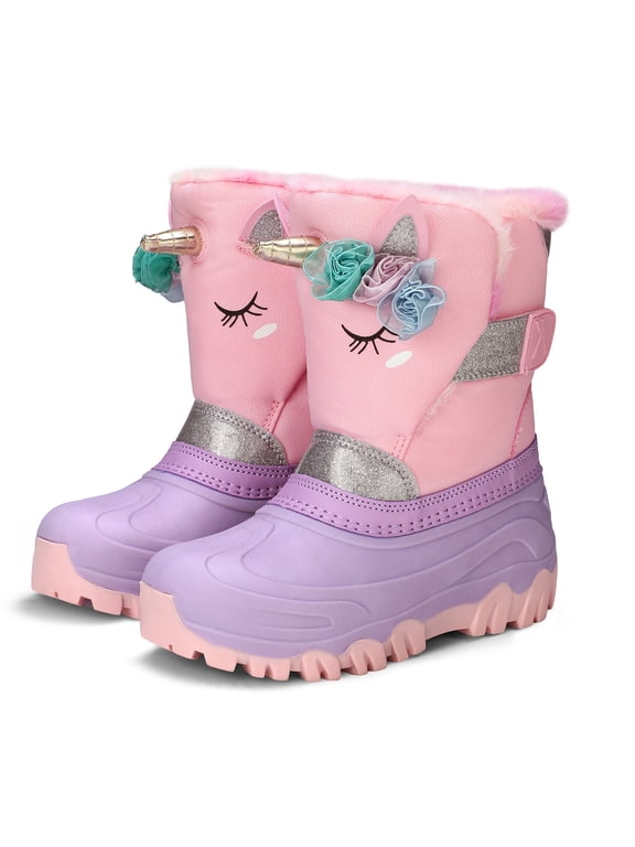 Girls Snow Boots with Faux Fur Lining Pink Unicorn Warm Winter Shoes for Kids Size 11
