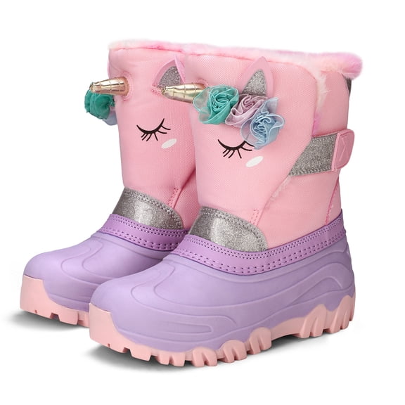 Kushyshoo Girls Snow Boots with Faux Fur Lining Pink Unicorn Warm Winter Shoes for Kids Size 1