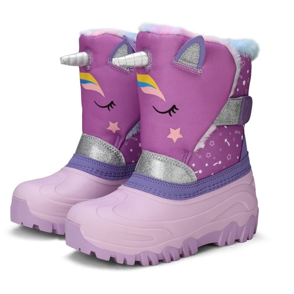 Kushyshoo Girls Snow Boots with Faux Fur Lining Purple Unicorn Warm Winter Shoes for Kids Size 1