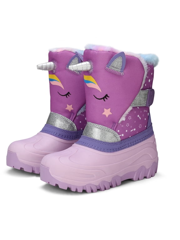 Girls Snow Boots with Faux Fur Lining Purple Unicorn Warm Winter Shoes for Kids Size 1