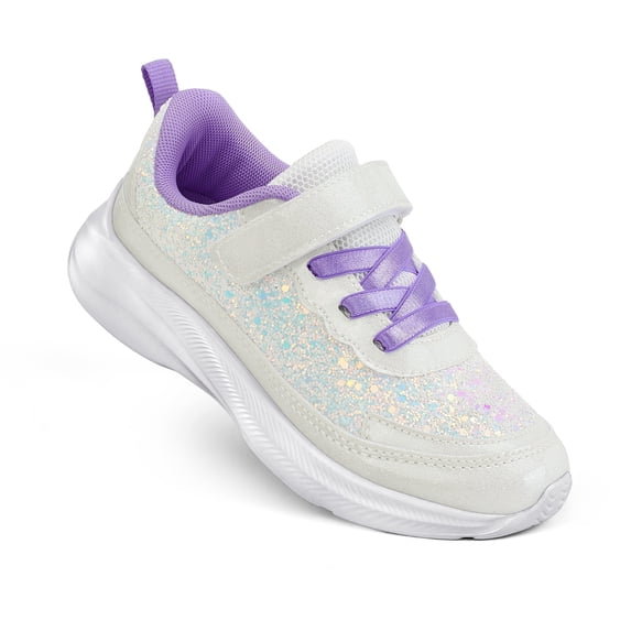Kushyshoo Girls White Glitter Sneakers Lightweight Kids Sparkle Sport Shoes with Hook and Loop for Toddler Size 12