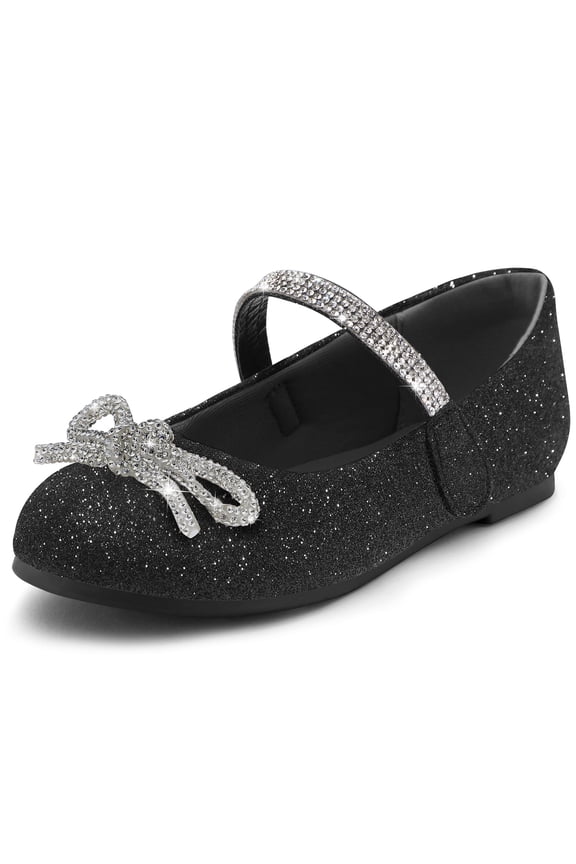 Glitter Black Girl's Bow Mary Jane Dress Shoes Ballet Princess Flats with Rhinestone Strap 11M