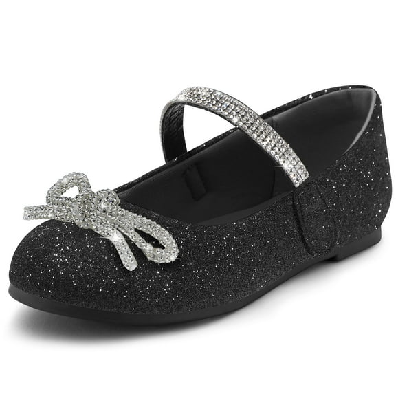 Kushyshoo Glitter Black Girl's Bow Mary Jane Dress Shoes Ballet Princess Flats with Rhinestone Strap 2M