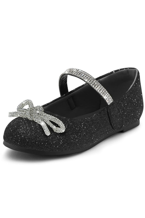 Glitter Black Girl's Bow Mary Jane Dress Shoes Ballet Princess Flats with Rhinestone Strap 2M